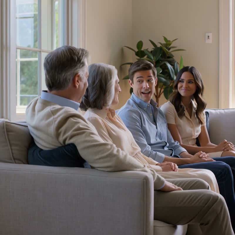 Two generations of a family sitting together on a sofa in a bright living room.