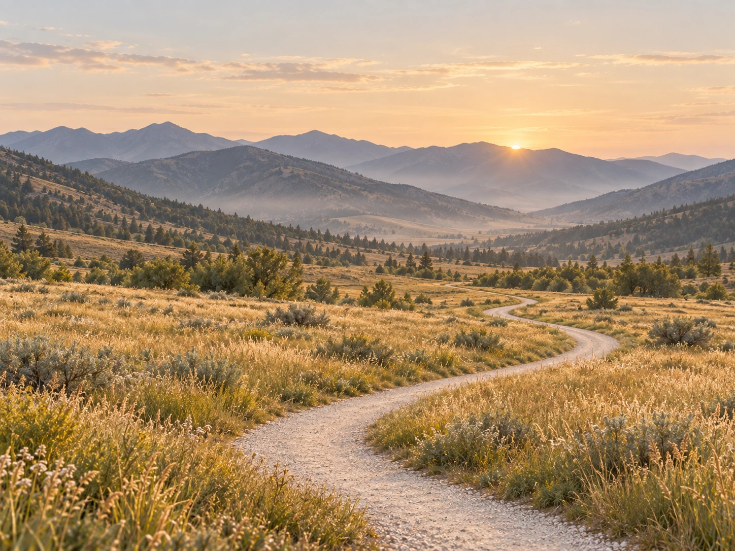 A winding path through open country toward mountains at sunrise