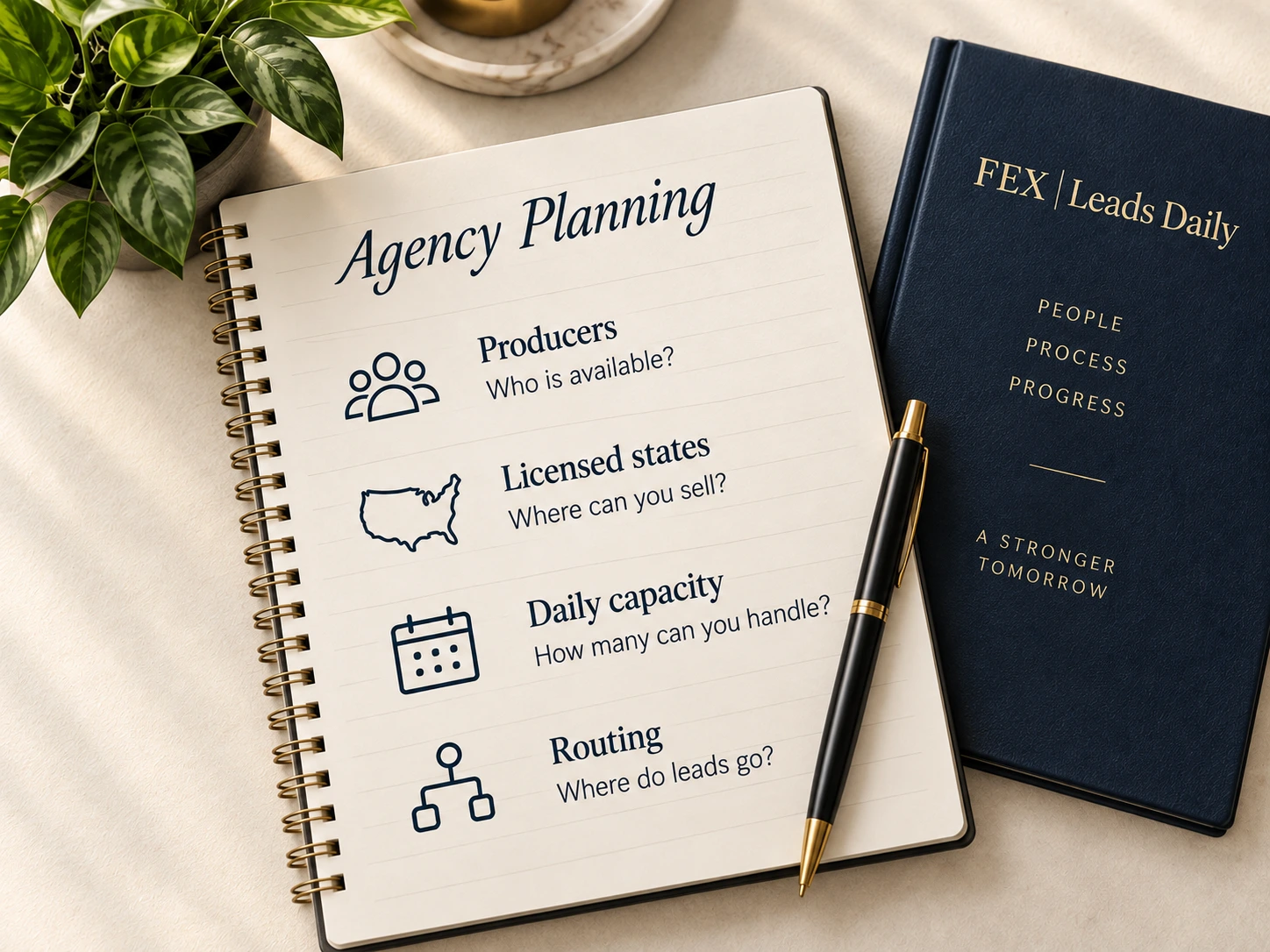 Illustrative FEX Leads Daily agency planner for producers, licensed states, daily capacity and lead routing