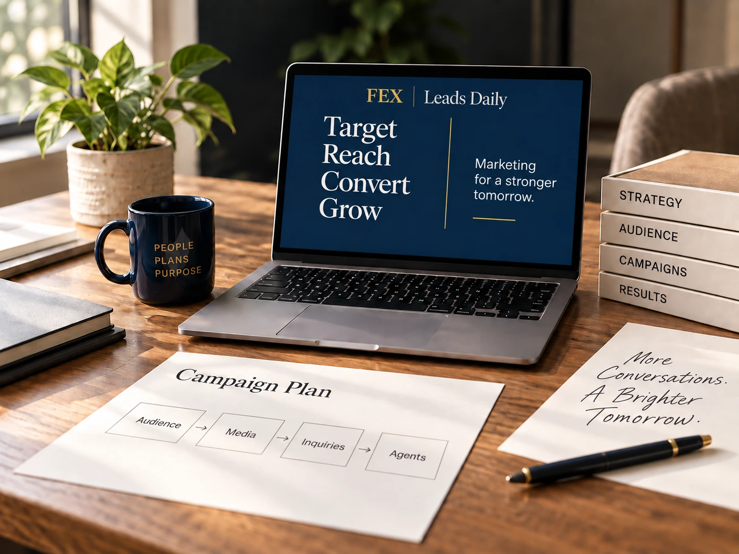 Illustrative campaign workspace with a laptop showing FEX Leads Daily branding