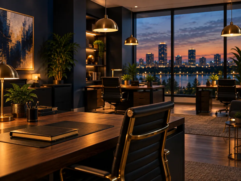 Modern insurance agency office at dusk