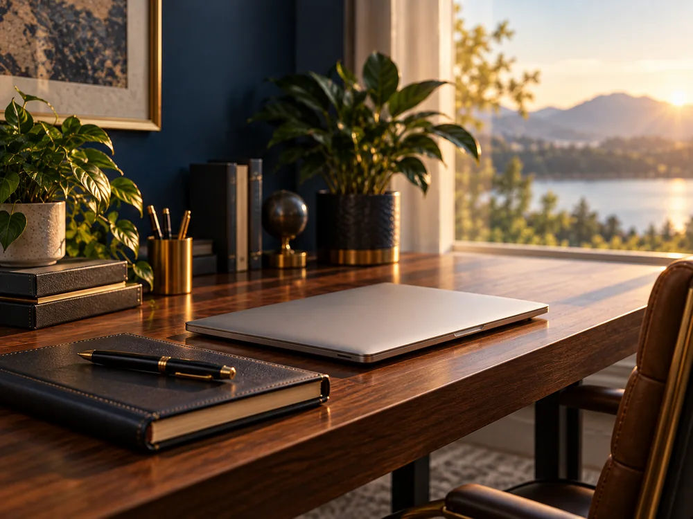 Tidy home office desk by a window in morning light