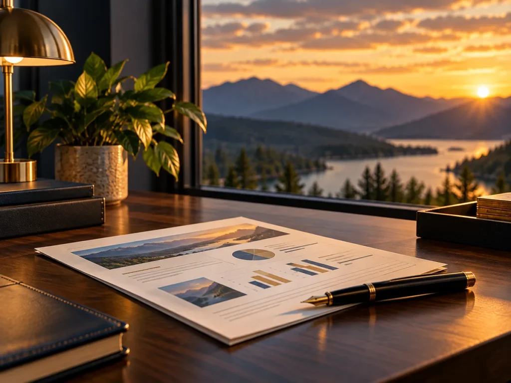 Campaign plan and fountain pen on a walnut desk at golden hour