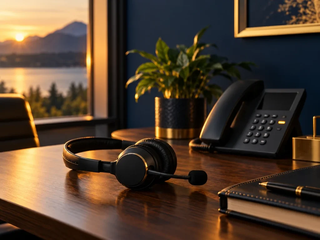 Headset and desk phone on a walnut desk in warm light