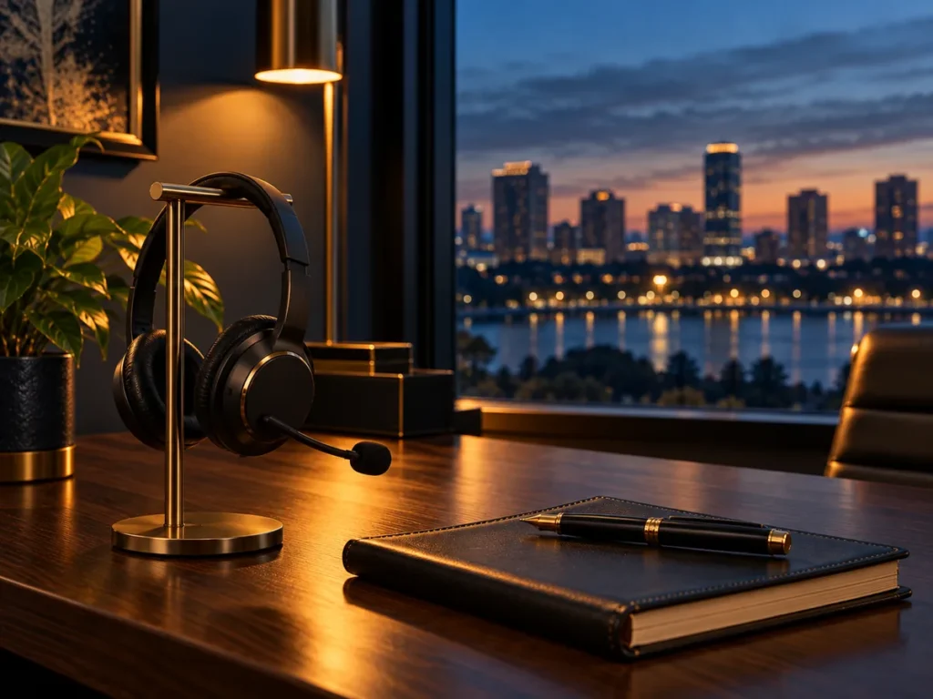 Headset on a stand beside a notebook at blue hour
