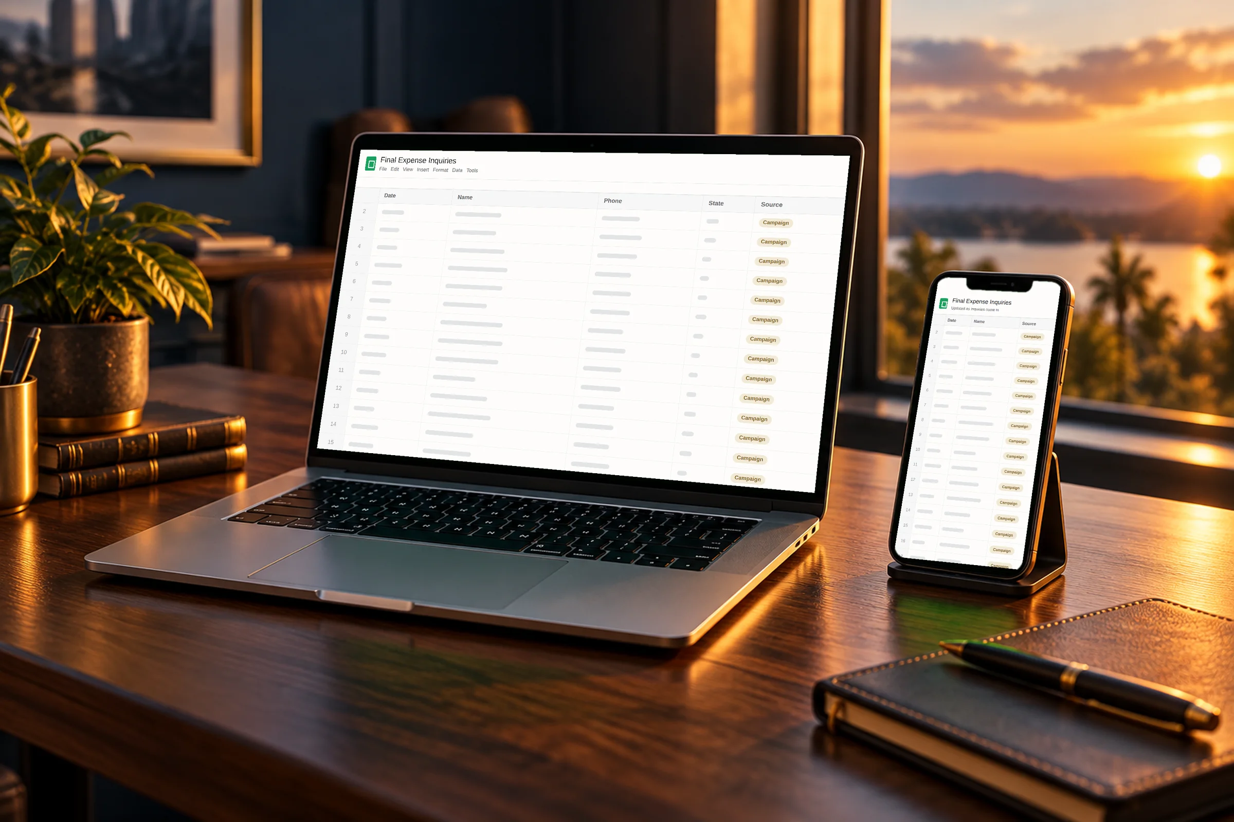 Laptop and phone on a walnut desk showing an example Google Sheet of final expense inquiries