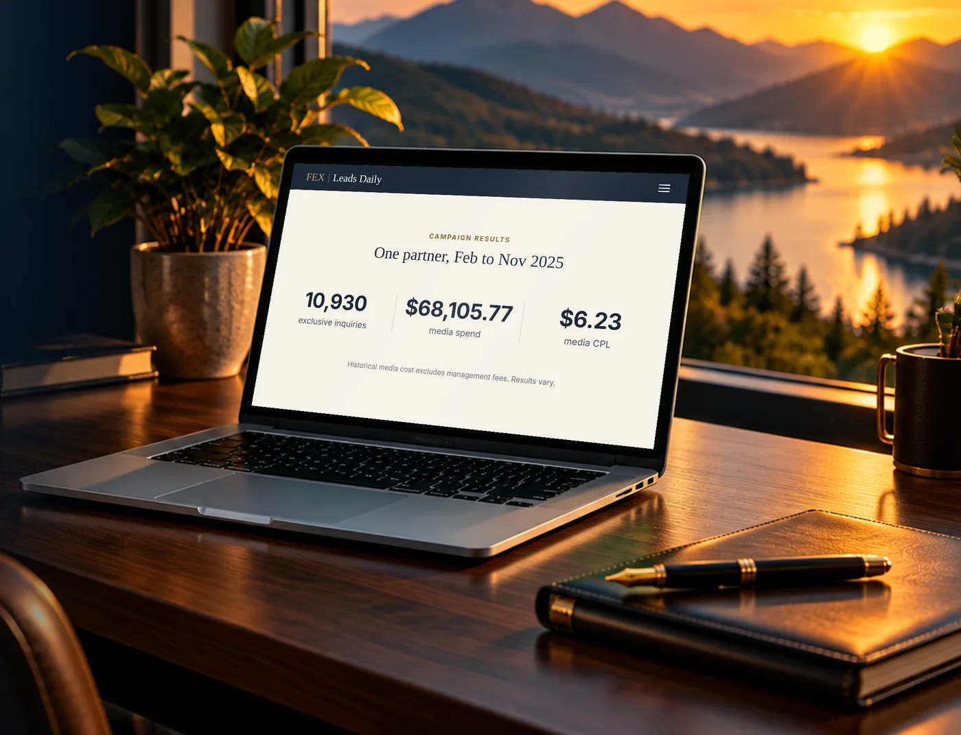 Laptop on a walnut desk at golden hour showing FEX Leads Daily campaign results for one partner