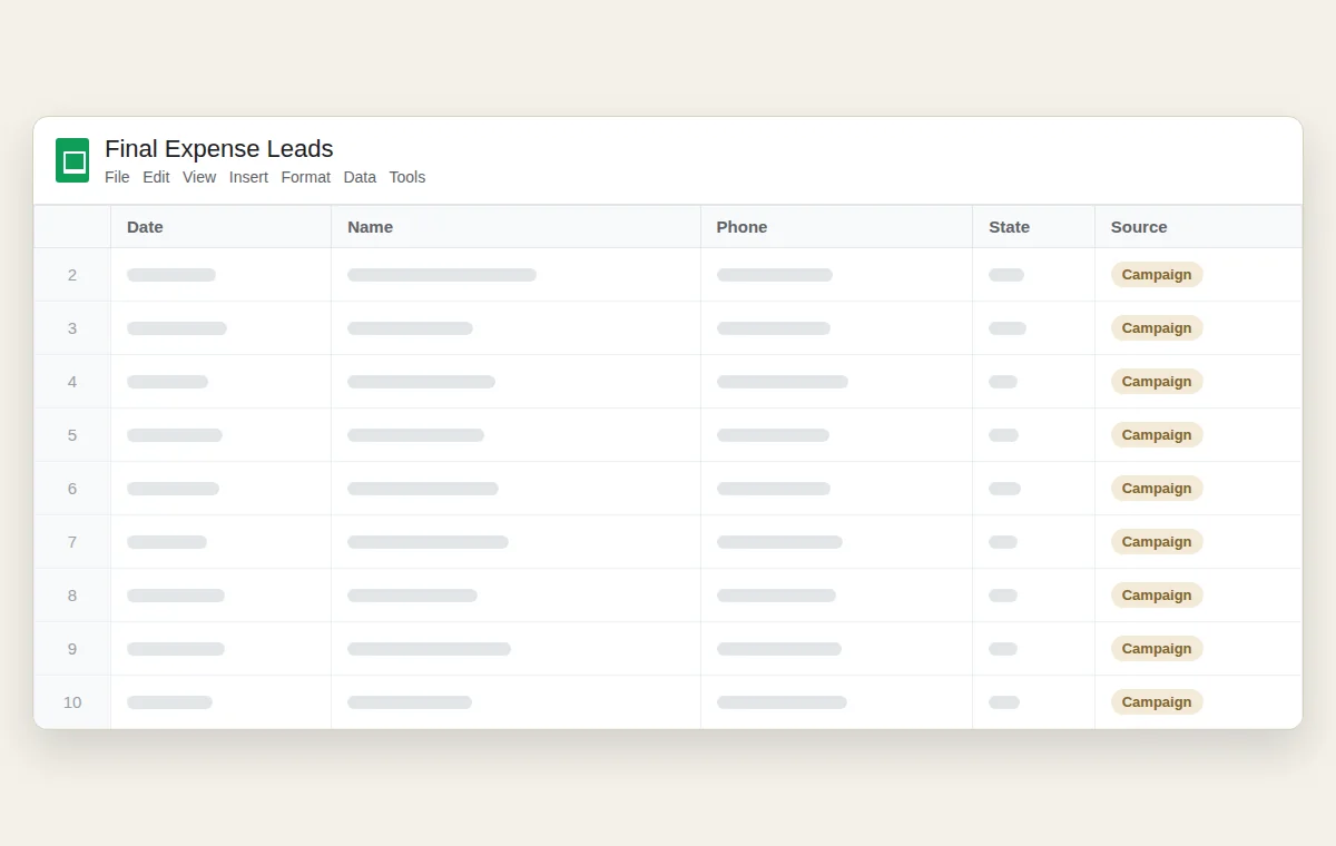 Example Google Sheet of final expense inquiries
