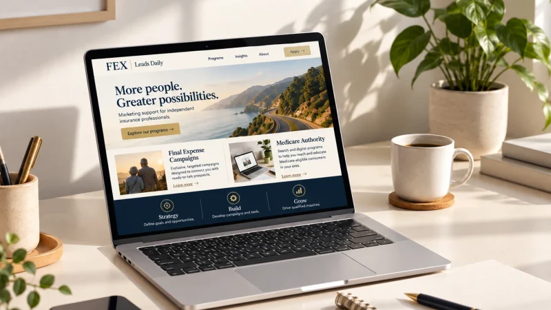 Laptop showing an insurance agency website on a desk